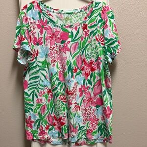 Lilly Pulitzer Pink and Green Floral Short Sleeve Top